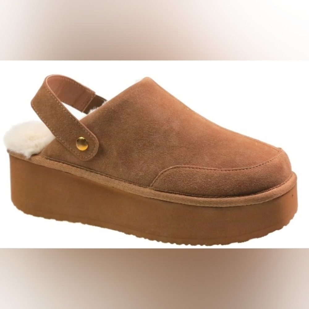 Joyspun Women's Genuine Suede Faux Fur Convertible Clog Slippers Size 10     NWT
